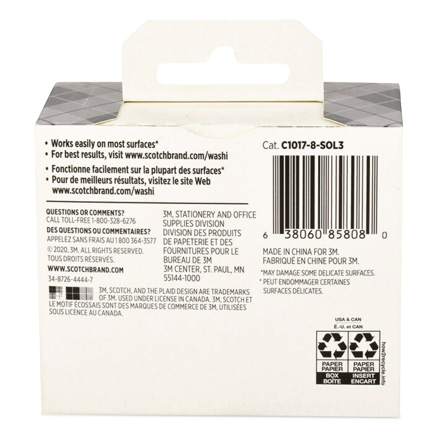 Scotch® Washi Tape, Solid Earth, 0.39" x 7.69 yd, Assorted Colors/Finishes, 8 Rolls/Pack (MMMC10178SOL3)