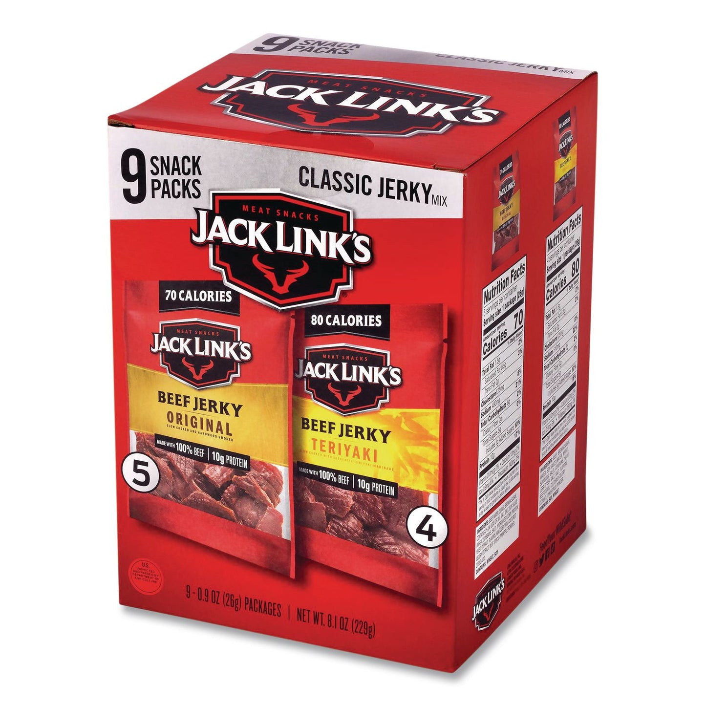 Jack Link’s Beef Jerky Variety Pack, Original/Teriyaki, 8.1 oz Bag, 9/Carton (GRR22002688)