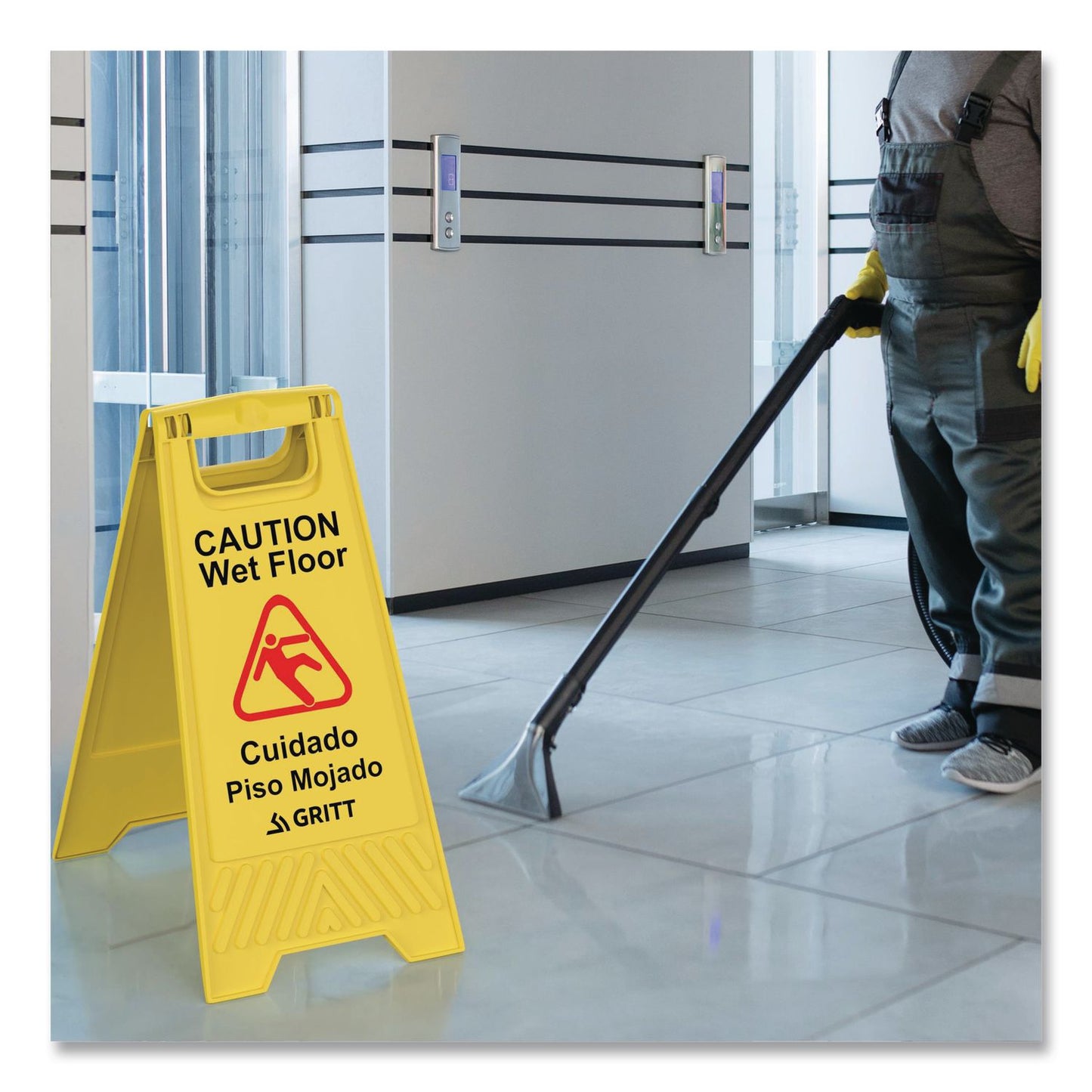 Gritt Commercial Caution Wet Floor Sign, 11.8 x 12 x 24, Yellow, 3/Pack (GCEGRI184YEL3PK)