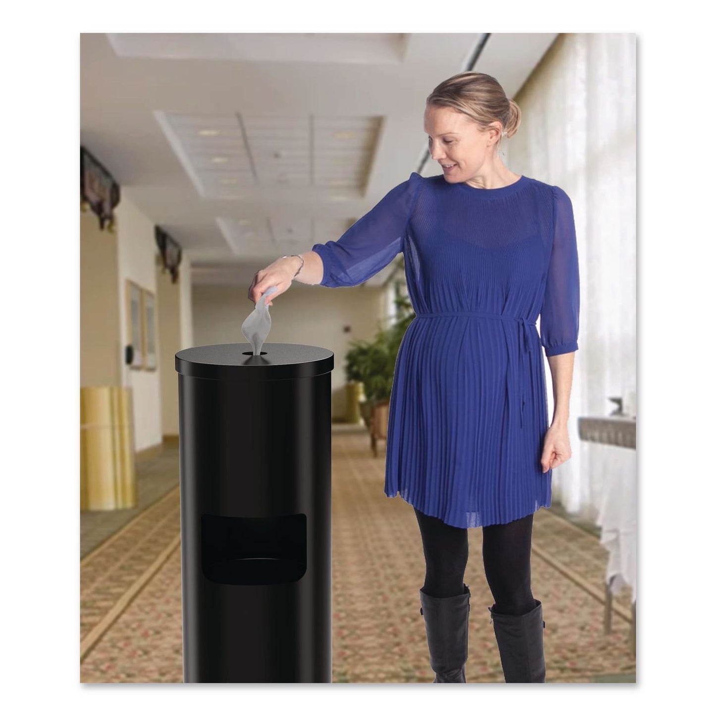 Gritt Commercial Floor Stand Wet Wipe Dispenser Station with 7 Gallon Built-In Trash Can, 13.1 x 13.1 x 36, Black (GCEGRI509BLK)