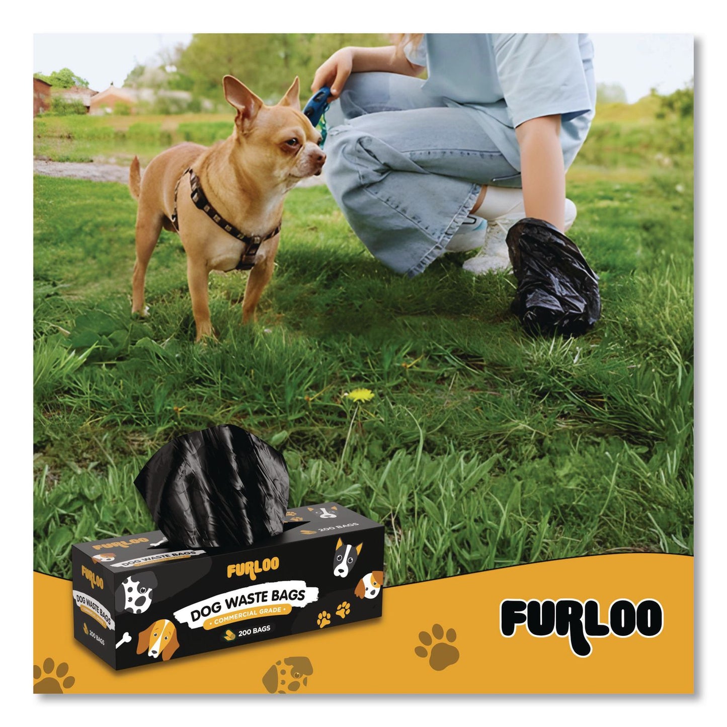 Furloo Commercial Grade Dog Waste Station Refill Bags, Open-Face, 8" x 13", Black, 200 Bags/Roll, 20/Carton (GCEFLO220)