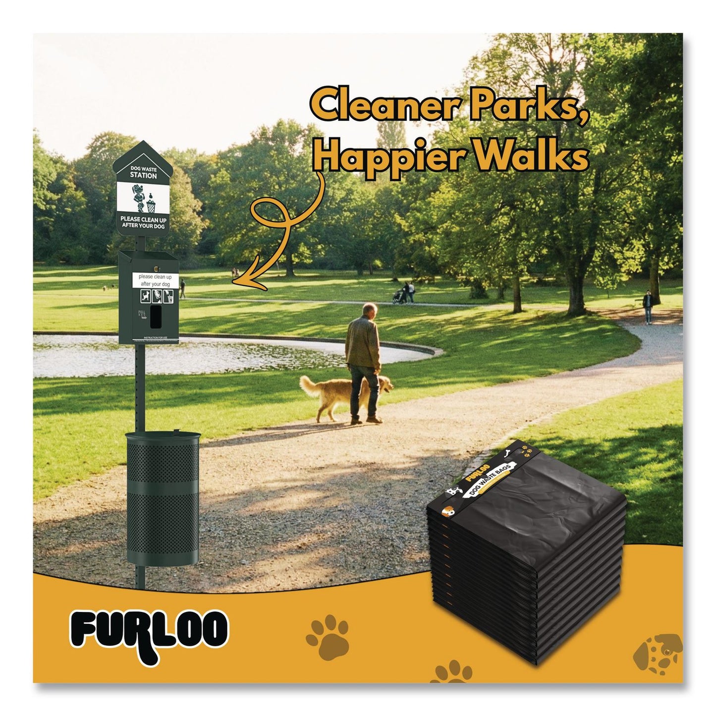 Furloo Pet Waste Station Starter Kit with Header Bag Dispenser, Bags and Liners, 11.5 gal, Top Door, Green (GCEFLO1HSGB)