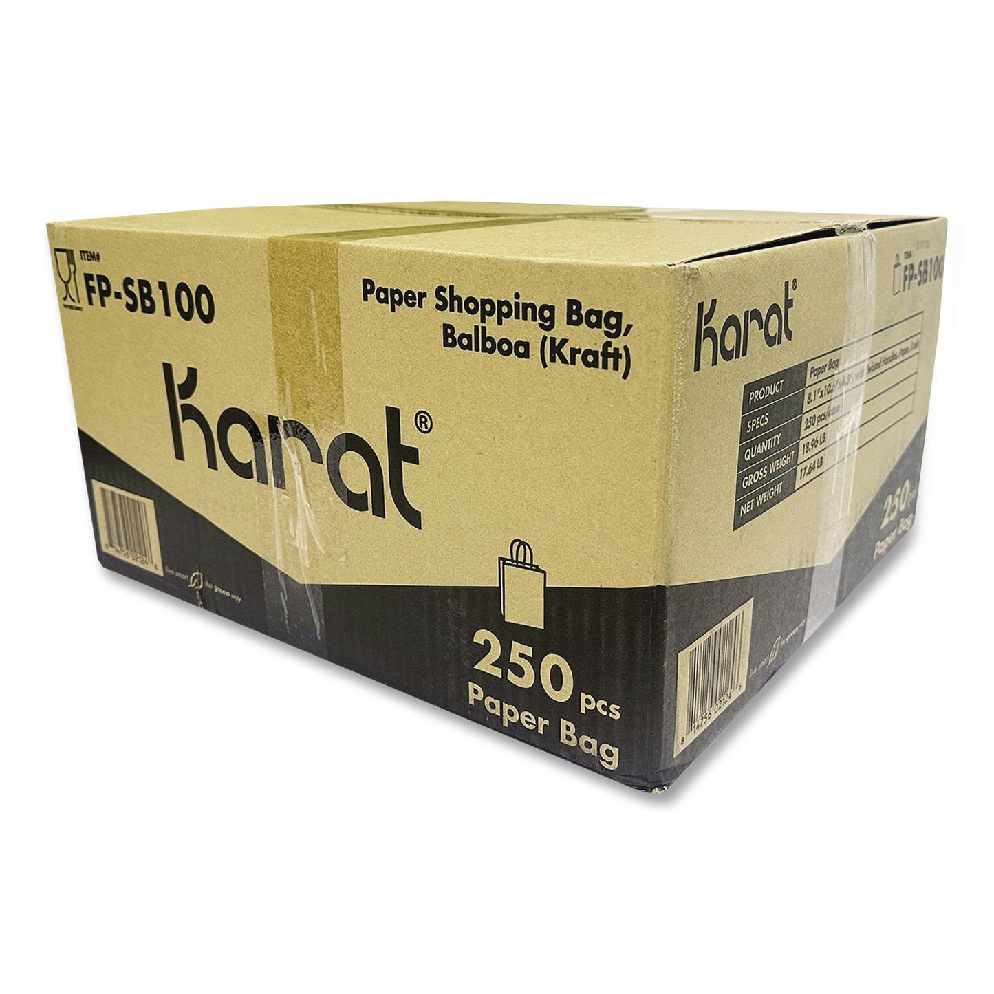 Karat® Paper Shopping Bag, Rope Handles, Small Size, 8.1 x 4.5 x 10.6, Kraft, 250/Carton (KRTFPSB100)