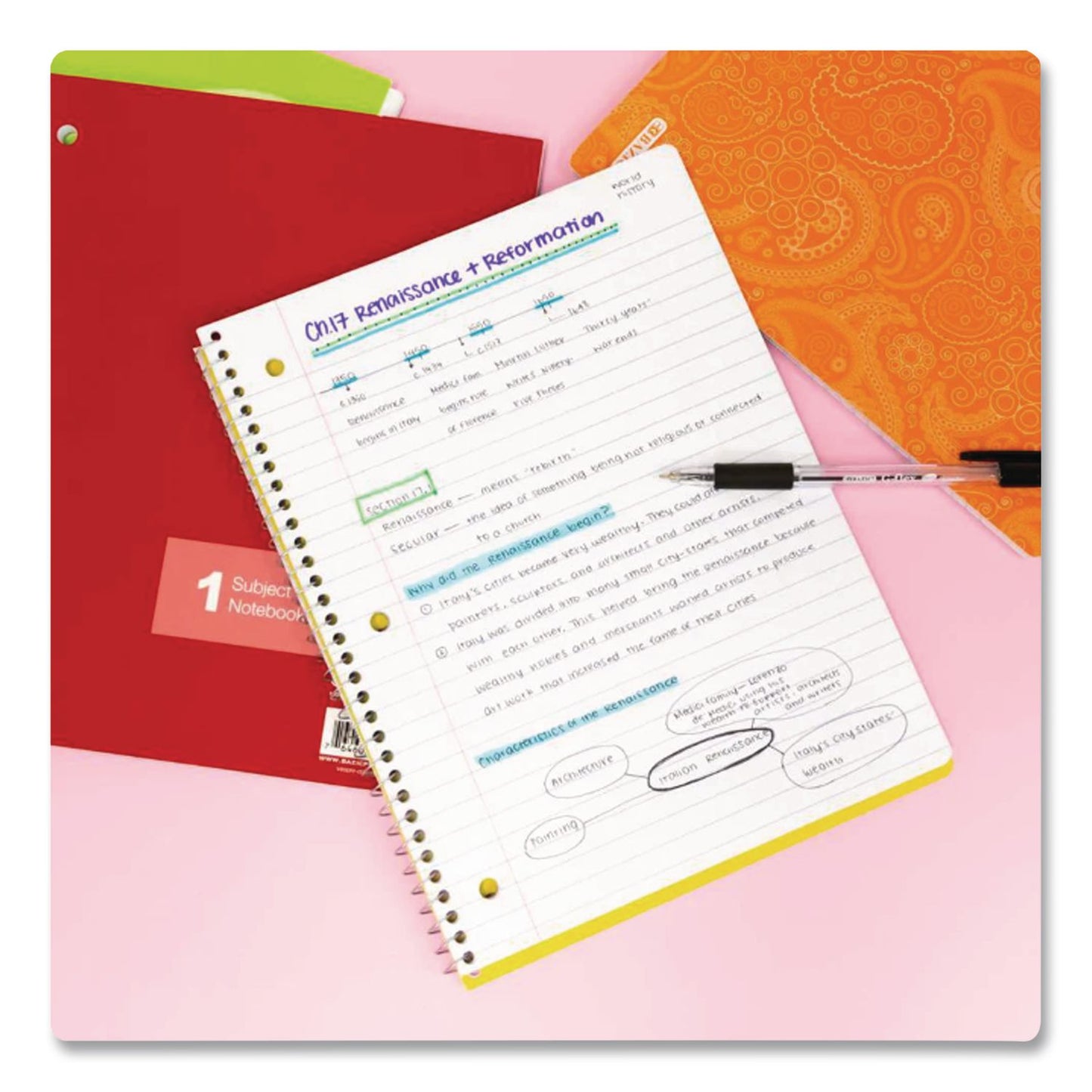 BAZIC® Products Spiral Notebooks, 1-Subject, Medium/College Rule, Randomly Assorted Cover Color, (70) 10.5 x 8 Sheets (BAZ558)