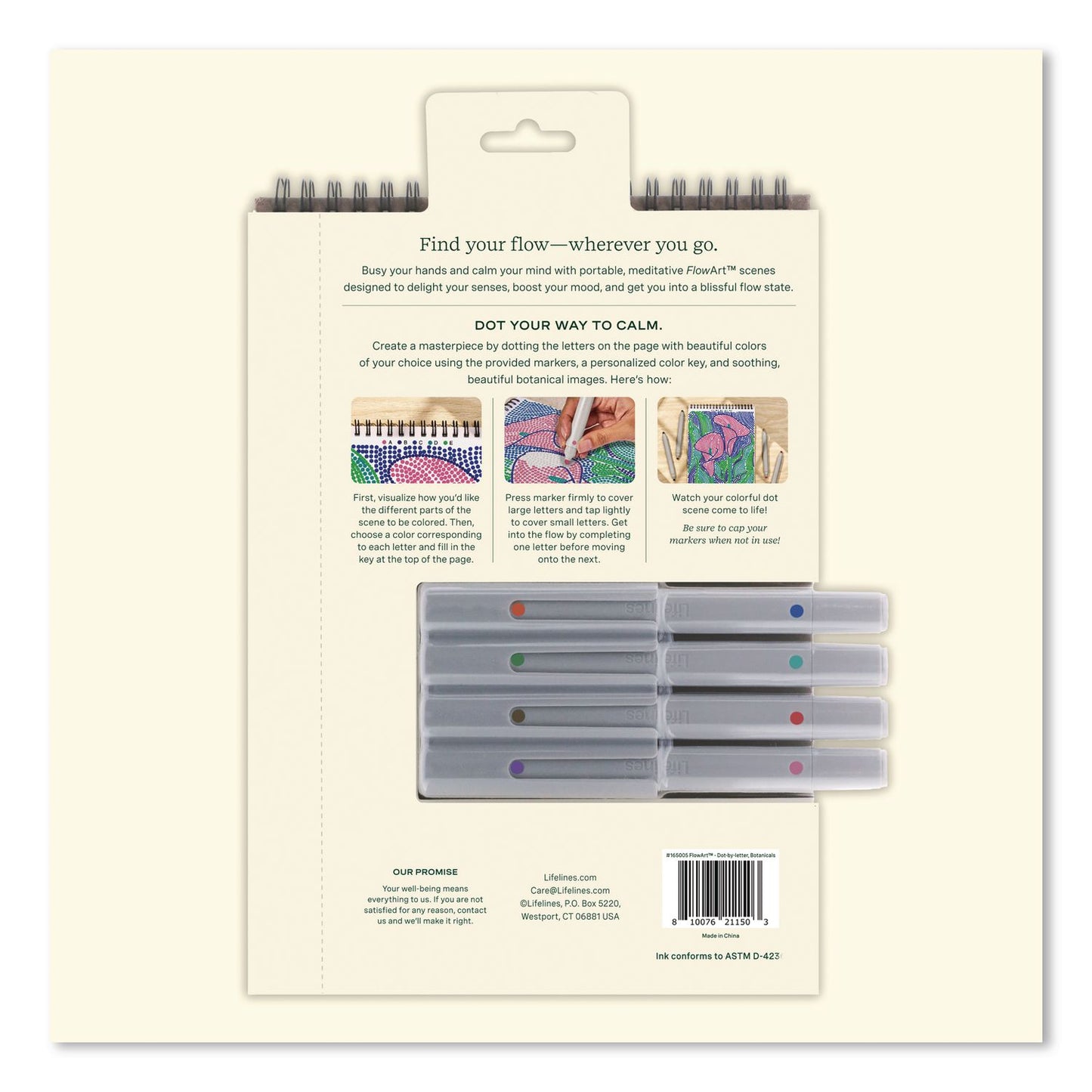 Lifelines® FlowArt Dot-By-Letter Coloring Book, Botanic, with 4 Double-Sided Markers, All Ages, 20 Sheets (LLN165005)