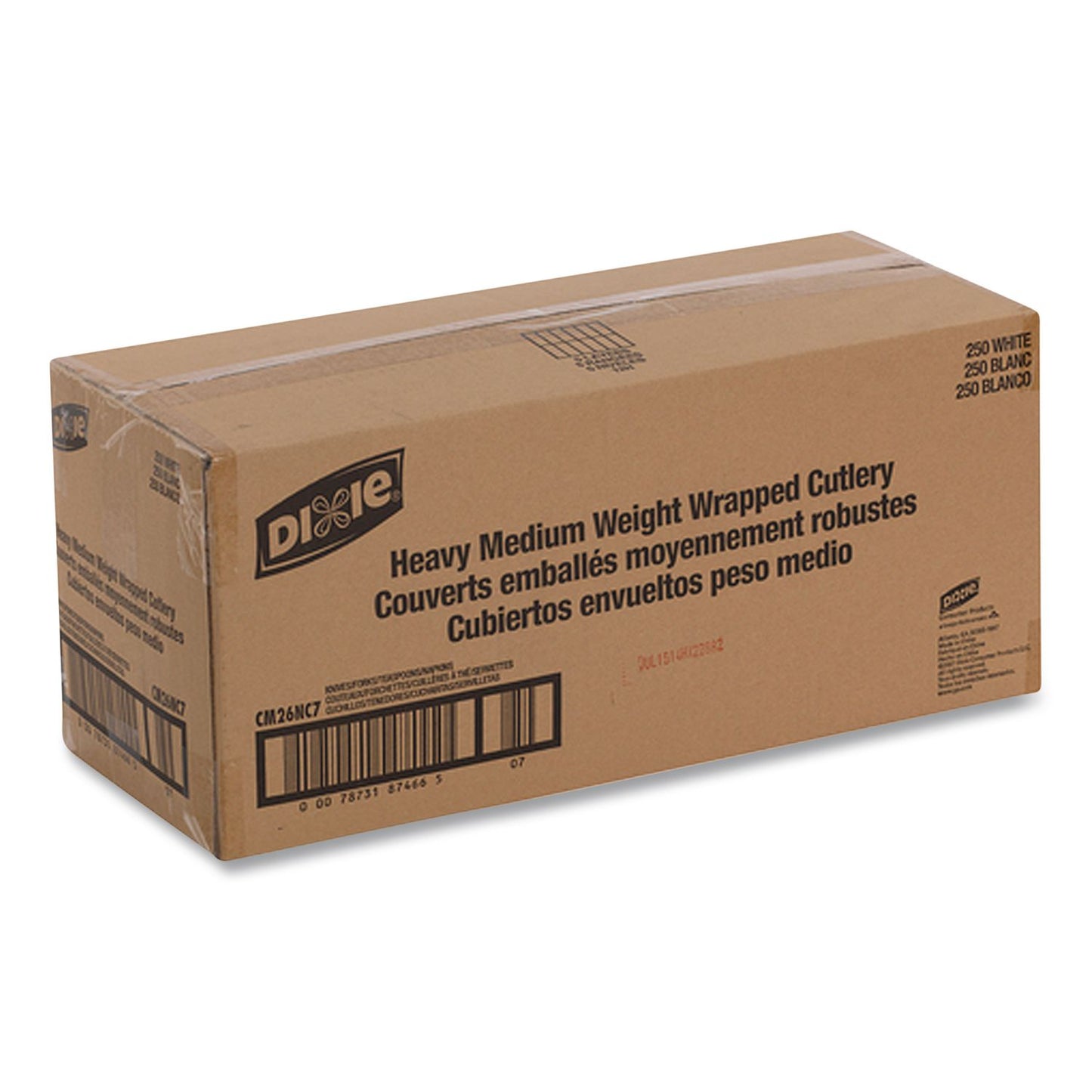 Dixie® Individually Wrapped Mediumweight Polystyrene Cutlery, Fork/Knife/Teaspoon/Napkin, Plastic, White, 250/Carton (DXECM26NC7)