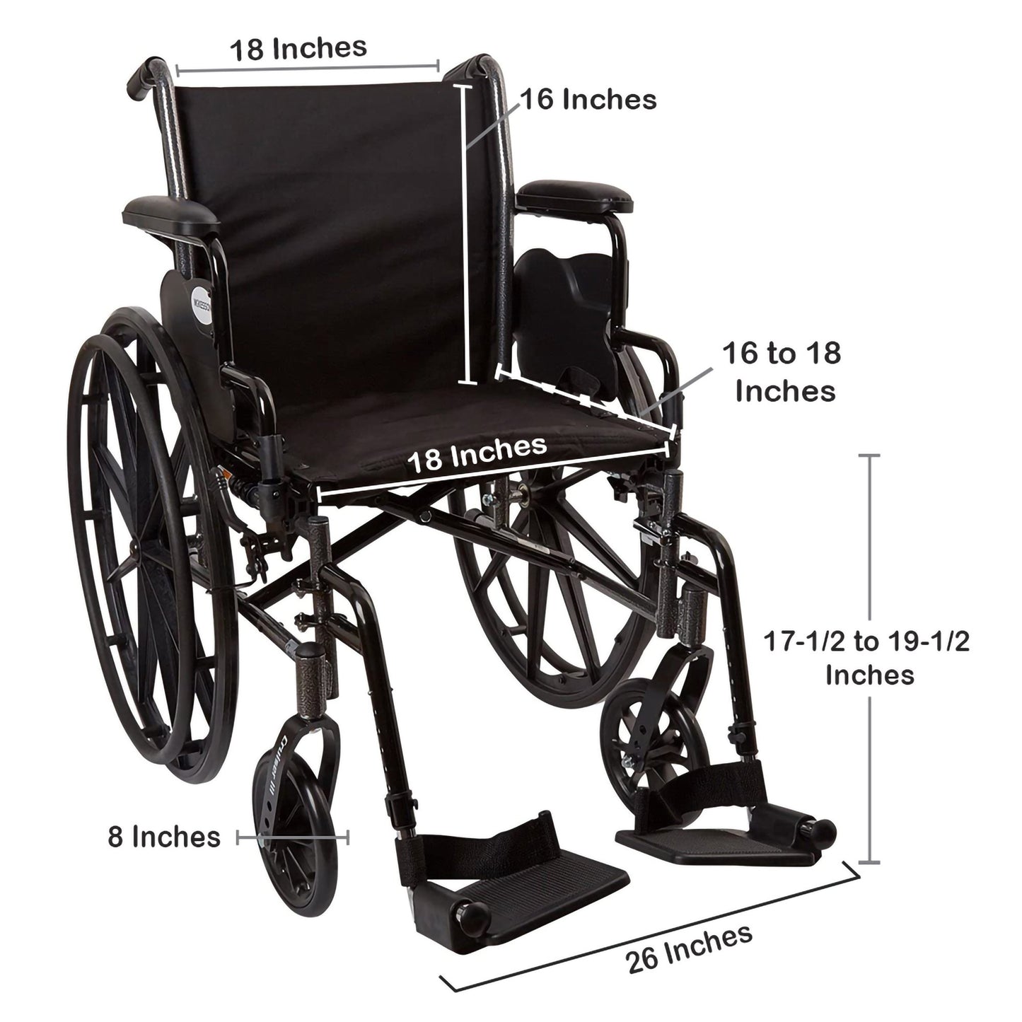McKesson Lightweight Wheelchair Dual Axle Desk Length Arm Swing-Away Footrest Black Upholstery 18 Inch Seat Width Adult 300 lbs. Weight Capacity (1065284_EA)