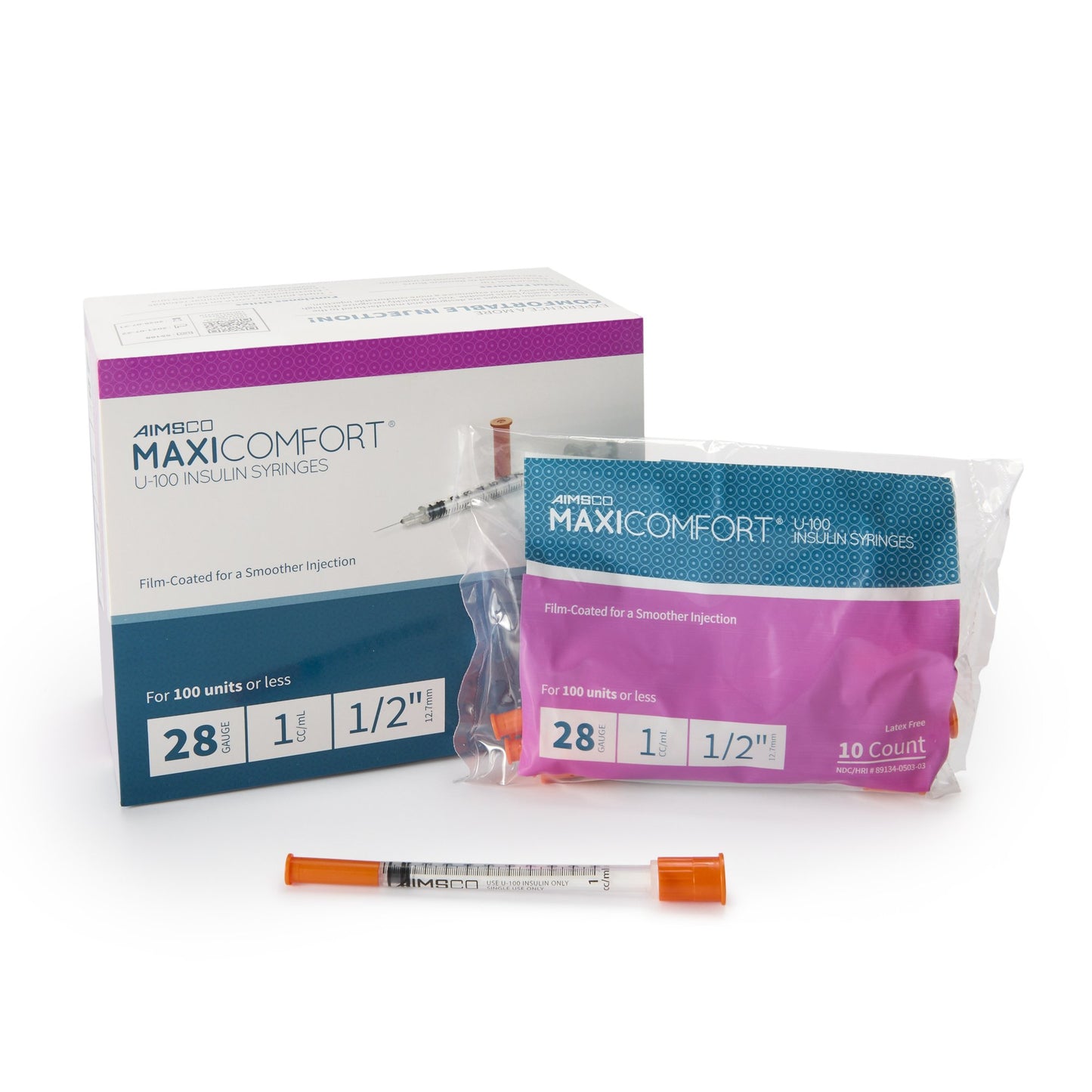 AIMSCO® Standard Insulin Syringe with Needle 1 mL 1/2 Inch 28 Gauge NonSafety Ultra Thin Wall (1182679_CS)