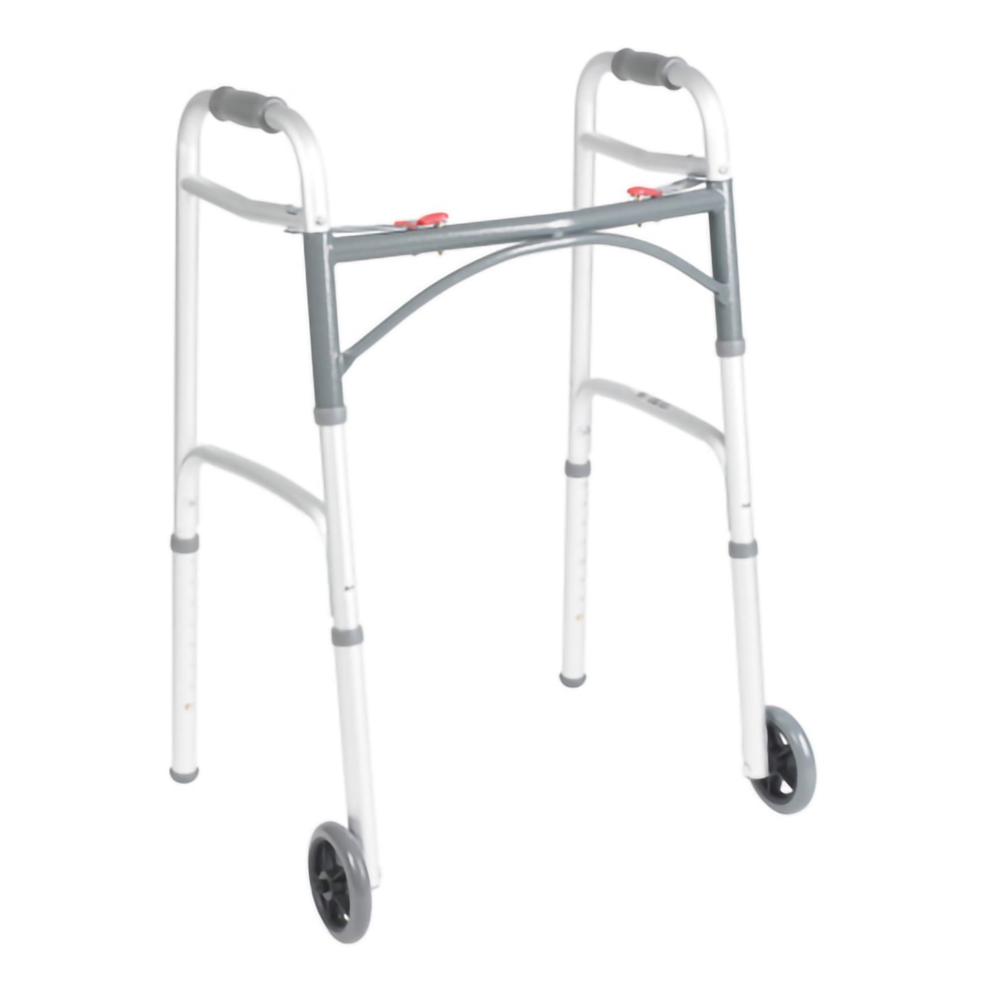 McKesson Dual Release Folding Walker with Wheels Adjustable Height Aluminum Frame 350 lbs. Weight Capacity 25 to 32-1/4 Inch Height (1128908_EA)