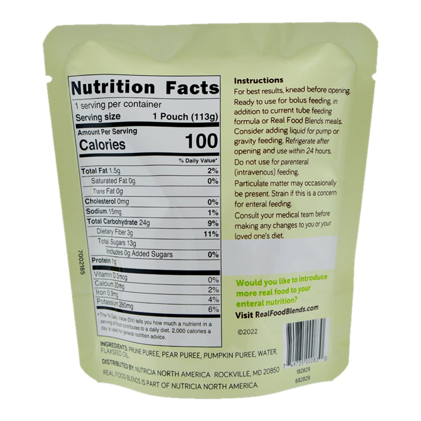 Real Food Blends® Mini Tube Feeding Formula Prunes / Pears / Pumpkin Flavor Liquid 4 oz. Pouch (1212925_CS)