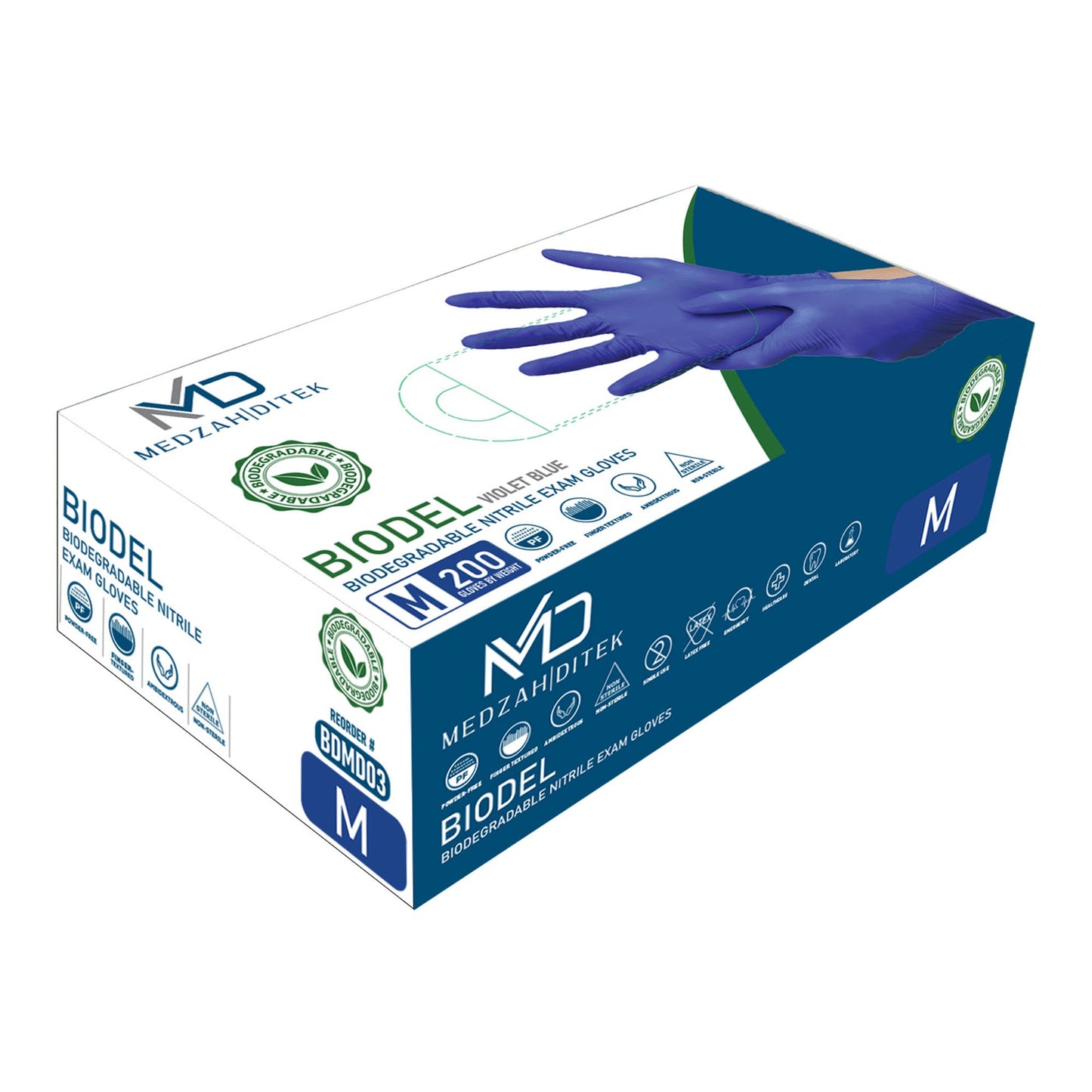 BIODEL Exam Glove Medium NonSterile Nitrile Standard Cuff Length Textured Fingertips Violet Blue Chemo Tested / Fentanyl Tested (1248514_BX)