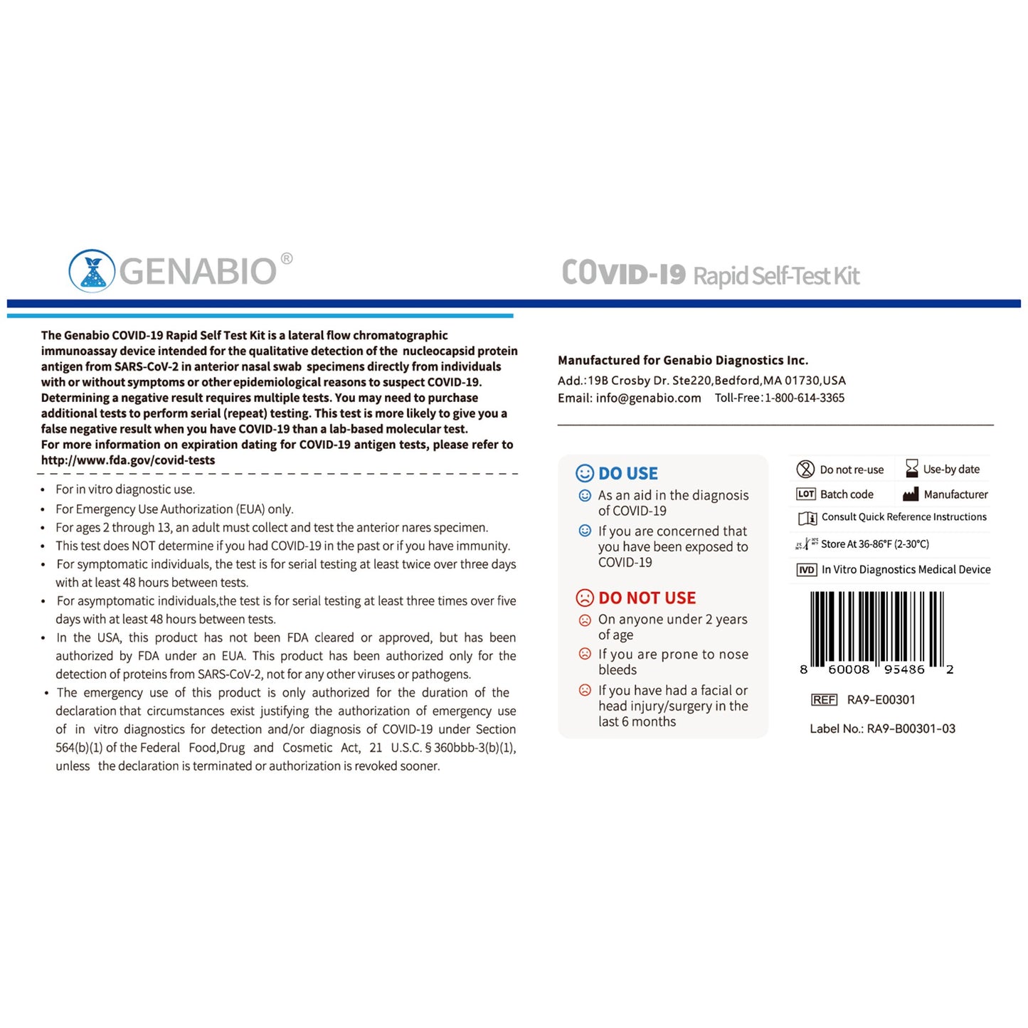 Genabio® Respiratory Test Kit COVID-19 Rapid Self-Test 1 Test per Kit (1271384_PK)