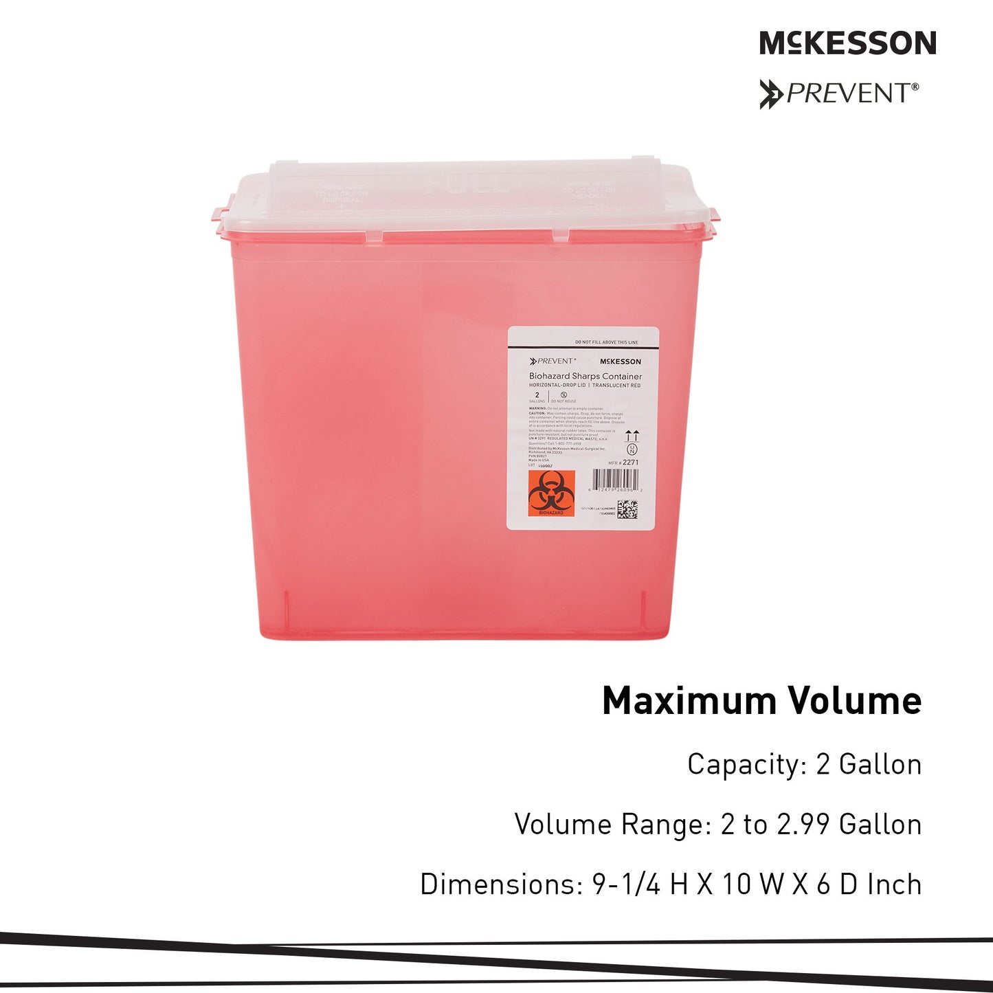 McKesson Prevent® Sharps Container Translucent Red Base 9-1/4 H X 10 W X 6 D Inch Horizontal Entry 2 Gallon (1202201_CS)