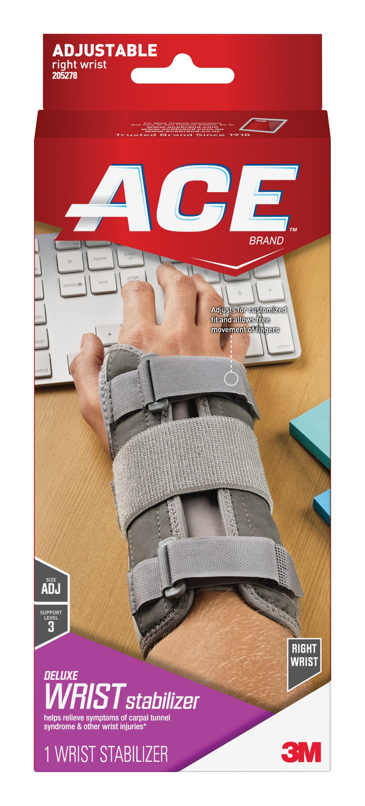 3M™ Ace™ Wrist Brace Aluminum / Nylon / Polyester / Polypropylene / Polyurethane / Spandex Right Hand Gray One Size Fits Most (1084223_EA)