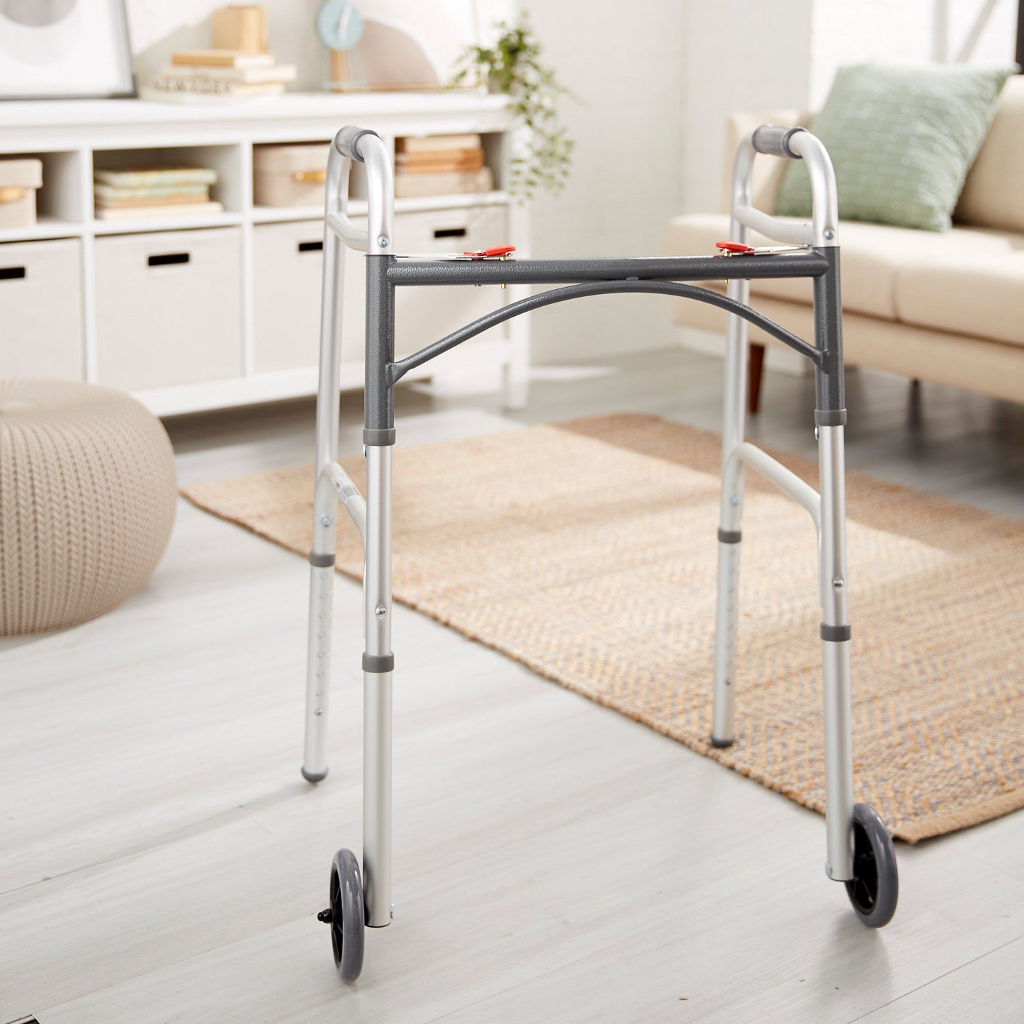 McKesson Dual Release Folding Walker with Wheels Adjustable Height Aluminum Frame 350 lbs. Weight Capacity 32 to 39 Inch Height (1073638_CS)