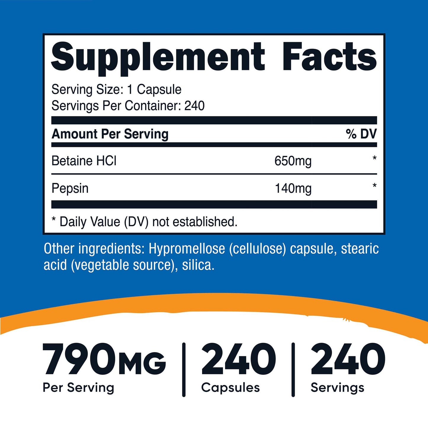 nutricost® Dietary Supplement Betaine HCl / Pepsin 790 mg Strength Capsule 240 Per Bottle (1270261_BT)