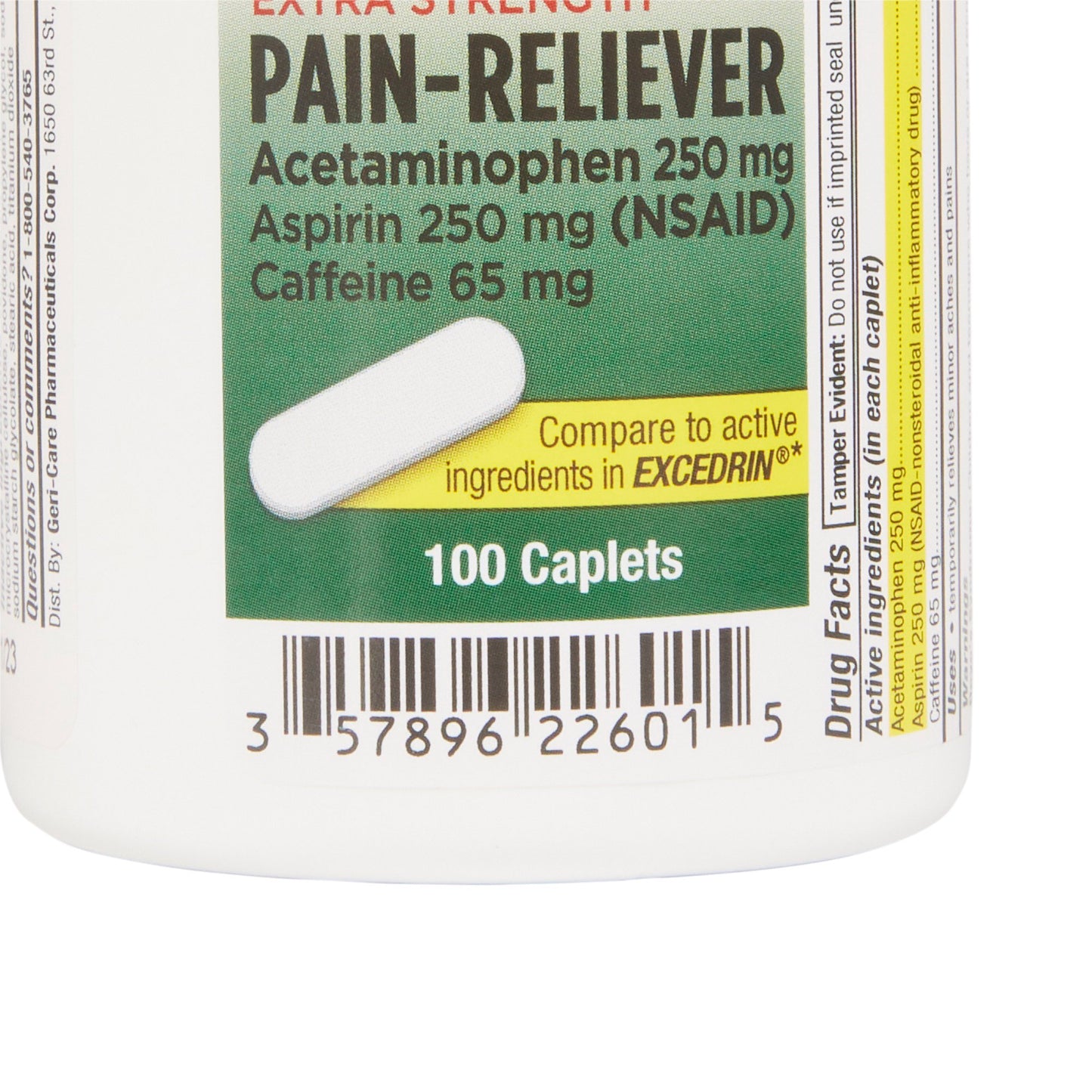 McKesson Brand Pain Relief 250 mg - 250 mg - 65 mg Strength Acetaminophen / Aspirin / Caffeine Caplet 100 per Bottle (868383_BT)