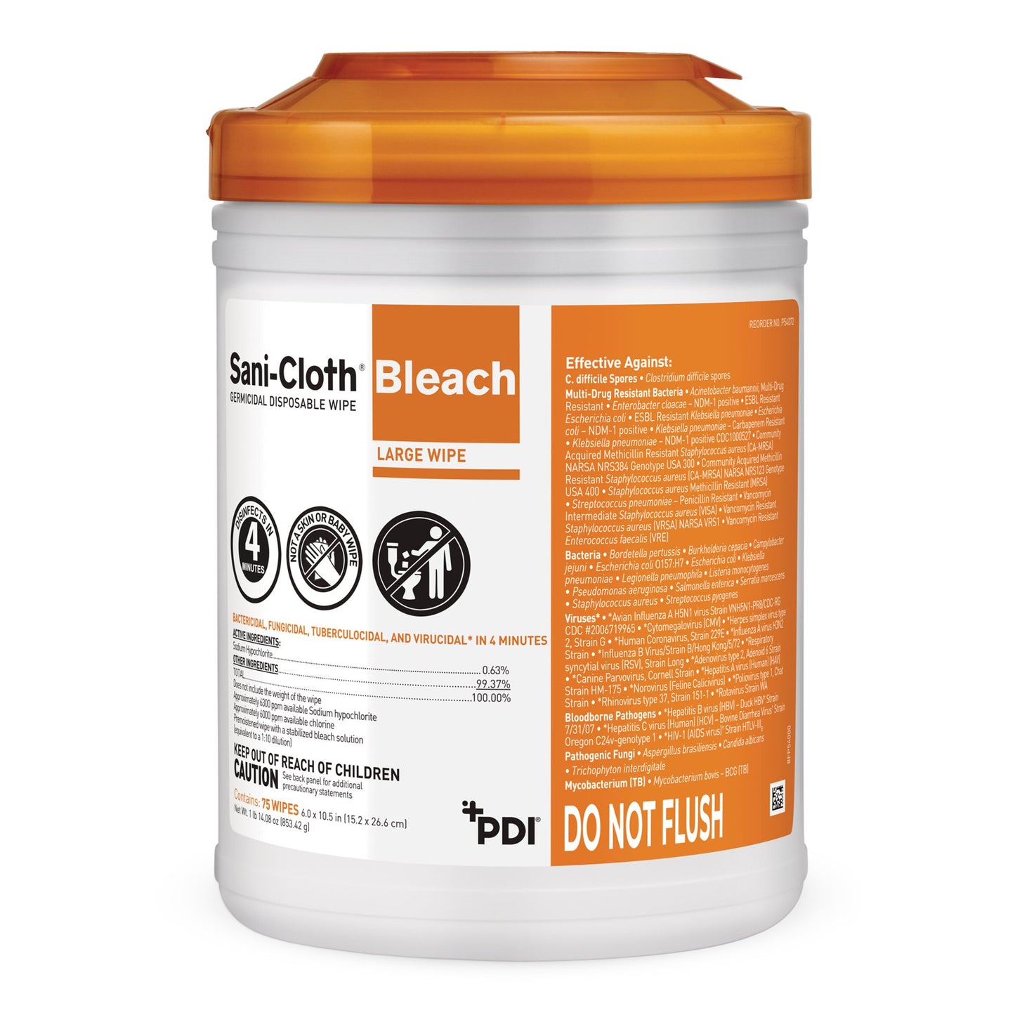 Sani-Cloth® Bleach Surface Disinfectant Cleaner Premoistened Germicidal Manual Pull Wipe 75 Count Canister Chlorine Scent NonSterile (786308_CS)