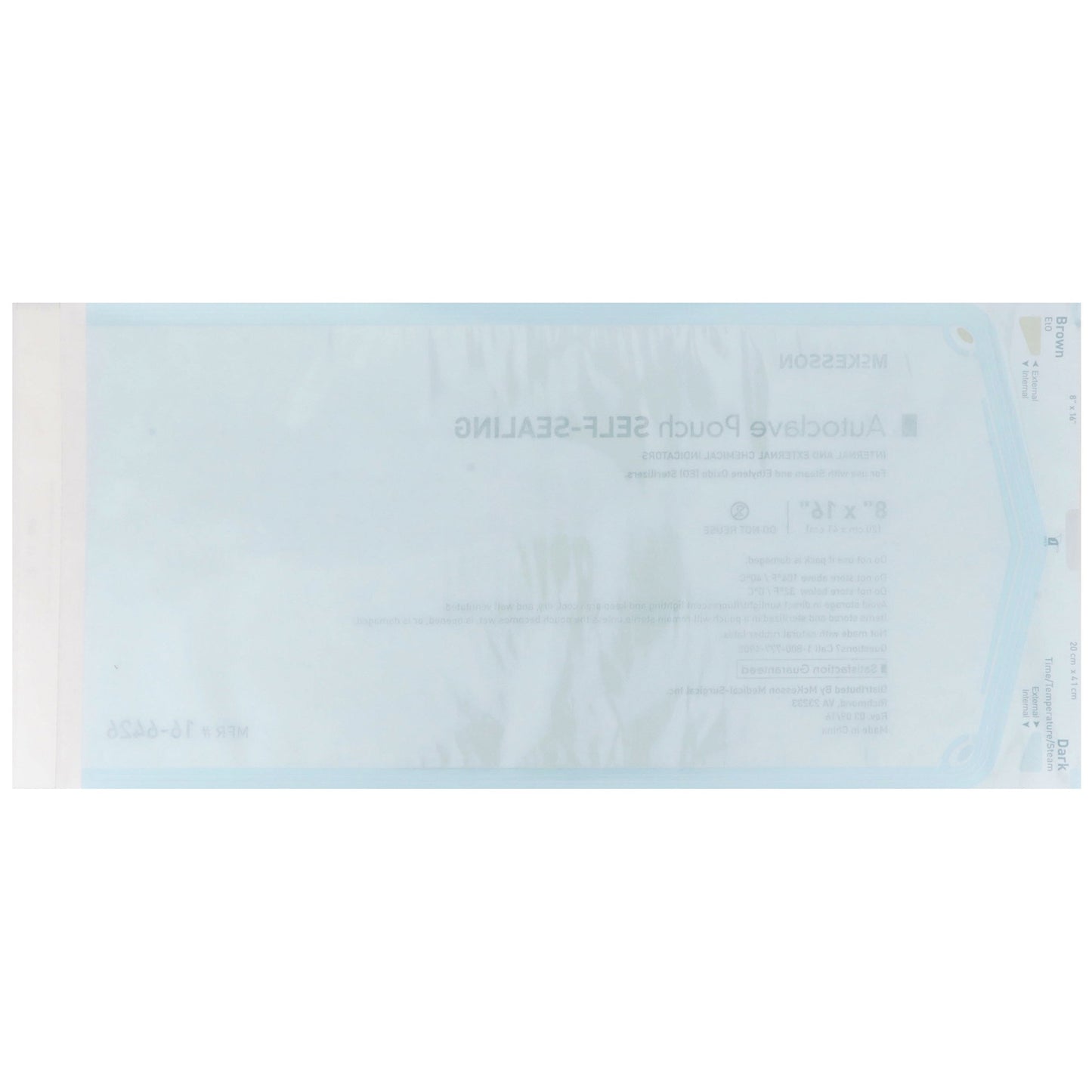 McKesson Sterilization Pouch Ethylene Oxide (EO) Gas / Steam 8 X 16 Inch Transparent Blue / White Self Seal Paper / Film (960946_BX)