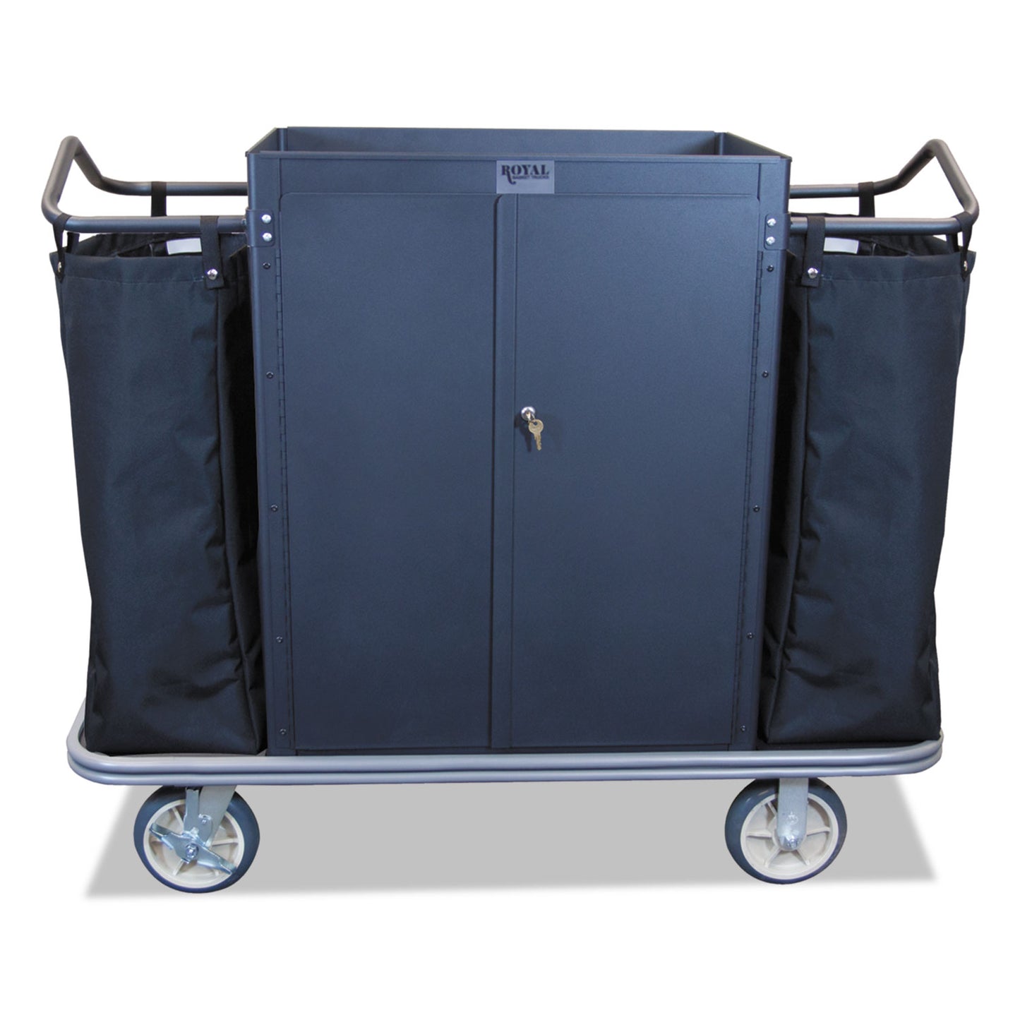 Royal Basket Trucks Housekeeping Cart with Locking Doors, Plastic, 4 Shelves, 2 Bins, 55" x 47" x 47", Black (RBTL55KKXM3C2LN)