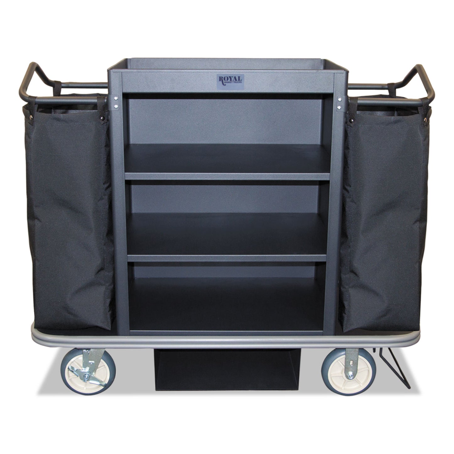 Royal Basket Trucks Deluxe Housekeeping Cart, Plastic, 4 Shelves, 2 Bins, 55" x 47" x 47", Black (RBTL55KKXM3C2DN)