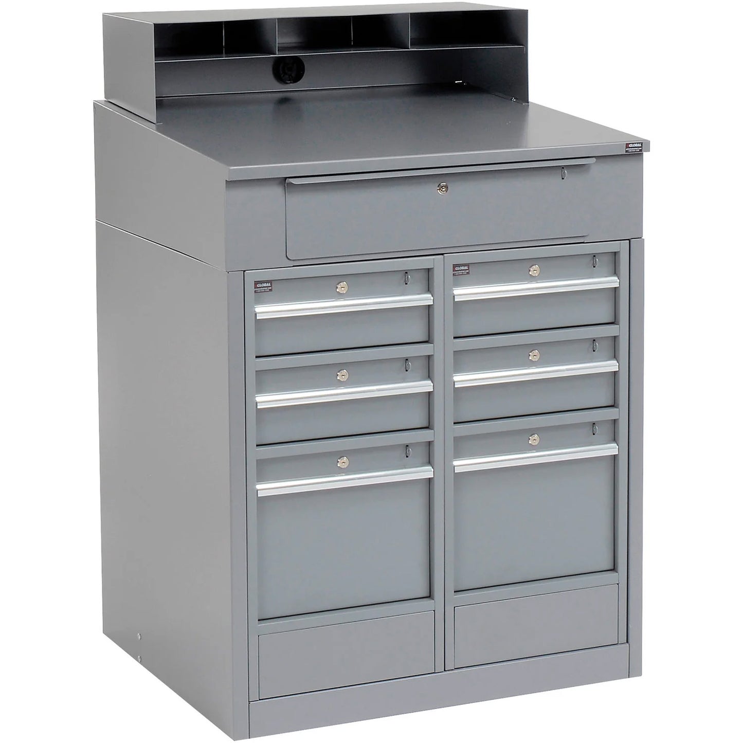 Global Industrial Cabinet Shop Desk w/ Riser & 7 Drawers, 34-1/2"W x 30"D, Gray (WB237404)