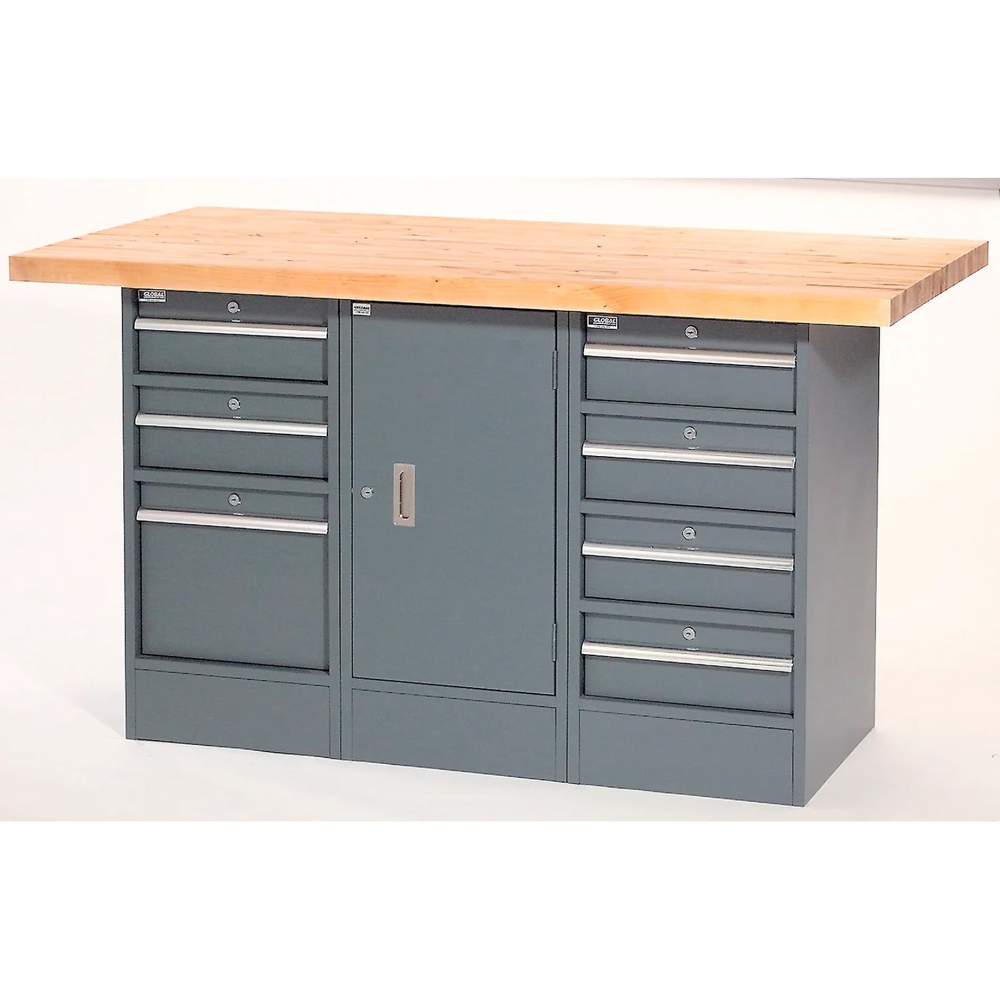 Global Industrial Workbench w/ Maple Square Edge Top, 7 Drawers & 1 Cabinet, 60"W x 30"D, Gray (WB239156)