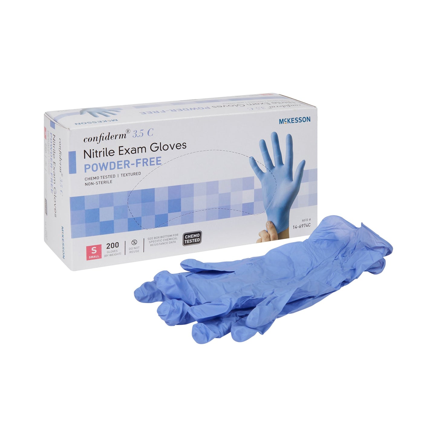 McKesson Confiderm® 3.5C Exam Glove Small NonSterile Nitrile Standard Cuff Length Textured Fingertips Blue Chemo Tested (765874_BX)