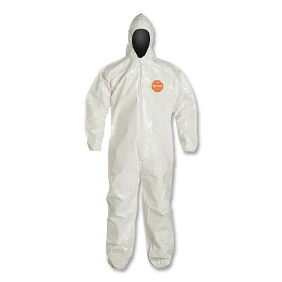 Dupont Tychem® 4000 Coverall, Bound Seams, Attached Hood, Elastic Wrist and Ankles, Zipper Front, Storm Flap, White, Large (251-SL127B-L)
