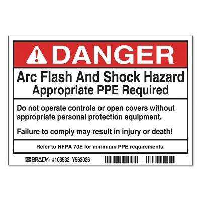 Brady Arc Flash Labels, 5 in x 3 1/2 in, Danger - Arc Flash And Shock Hazard, Red (262-103532)