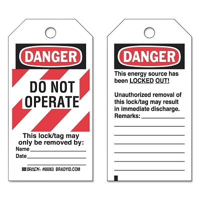 Brady Lockout Tag, 3 in W x 5.75 in H, Danger Do Not Operate, Red/White Stripes and Black, Polyester (262-66063)