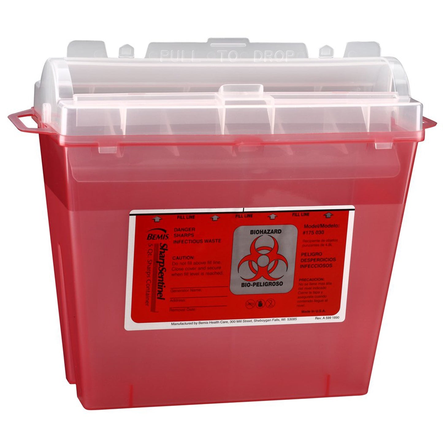 Bemis™ Sentinel Sharps Container Translucent Red Base 10 H X 5-1/4 W X 11 D Inch Horizontal Entry 1.25 Gallon (298930_CS)