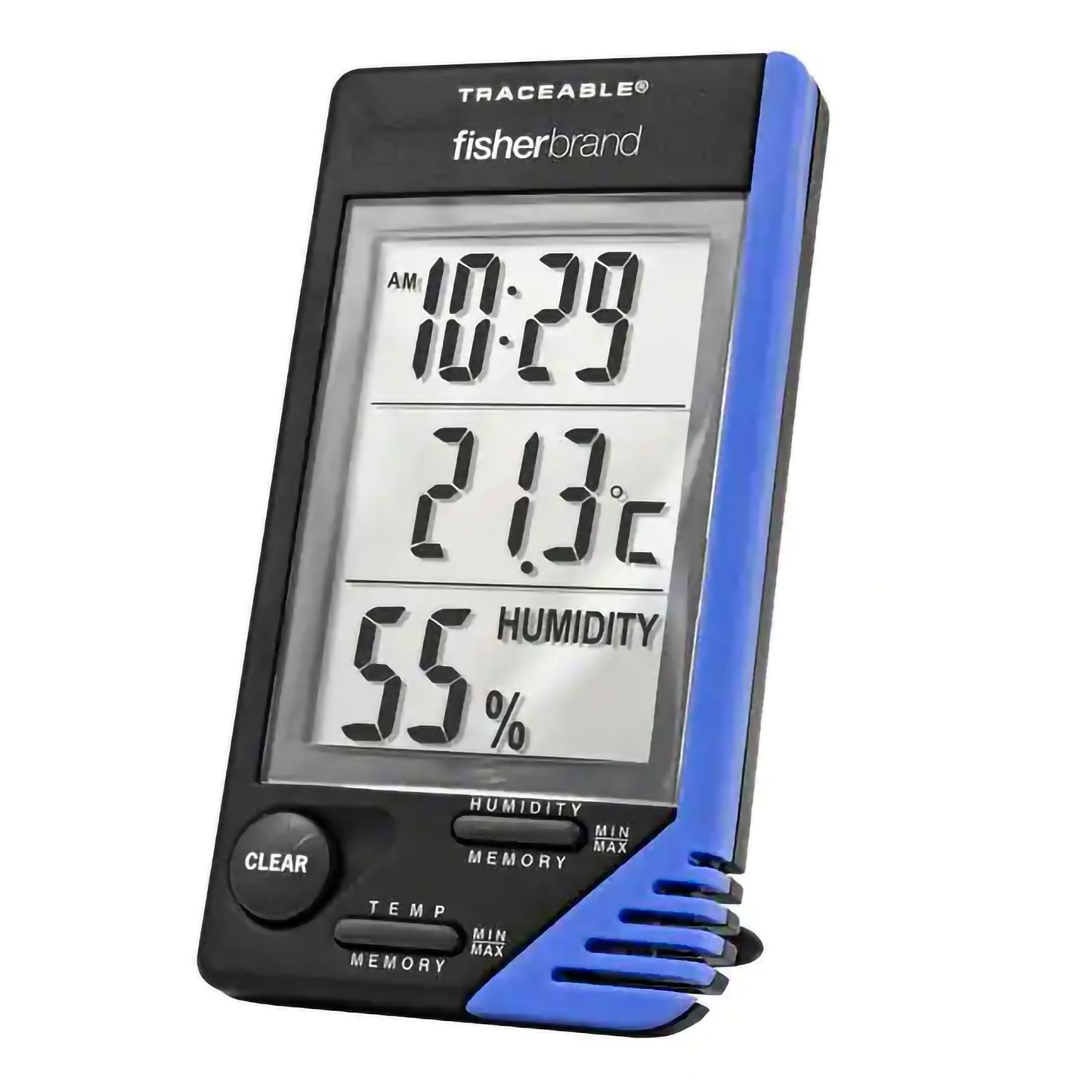 Fisherbrand™ Traceable® Thermometer / Clock / Humidity Monitor Fahrenheit / Celsius 32° to 122°F (0° to 50°C) Internal Sensor Flip-out Stand / Wall Mount Battery Operated (482112_EA)