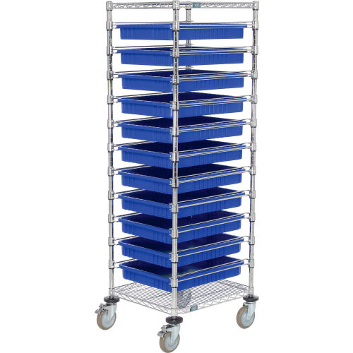 Global Industrial Chrome Wire Cart With (11) 3"H Blue Grid Containers, 21x24x69 (WB269029BL)