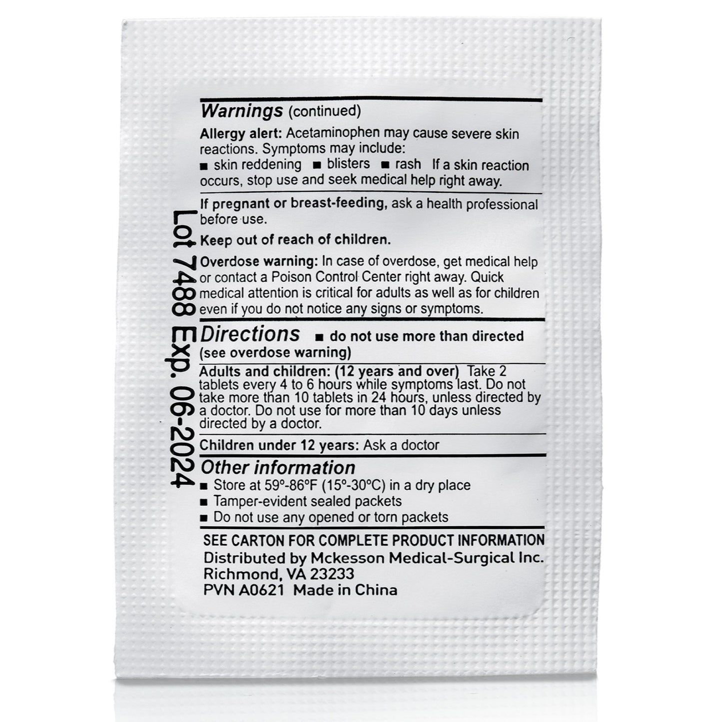 McKesson Pain Relief 325 mg Strength Acetaminophen Unit Dose Tablet 250 per Box (1111736_BX)