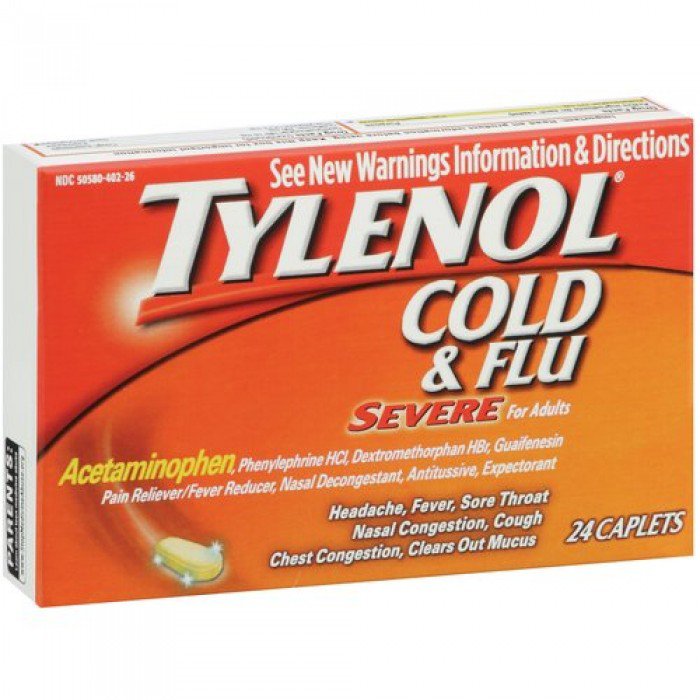 Tylenol® Cold & Flu Severe Cold and Cough Relief 325 mg - 5 mg - 200 mg - 15 mg Strength Caplet 24 per Bottle (829810_BT)