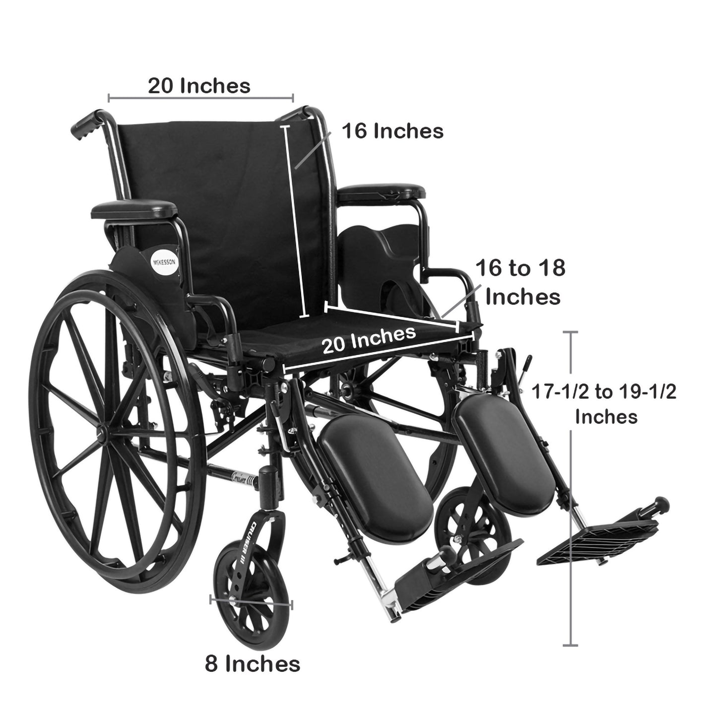 McKesson Lightweight Wheelchair Dual Axle Desk Length Arm Swing-Away Elevating Legrest Black Upholstery 20 Inch Seat Width Adult 300 lbs. Weight Capacity (1065287_EA)