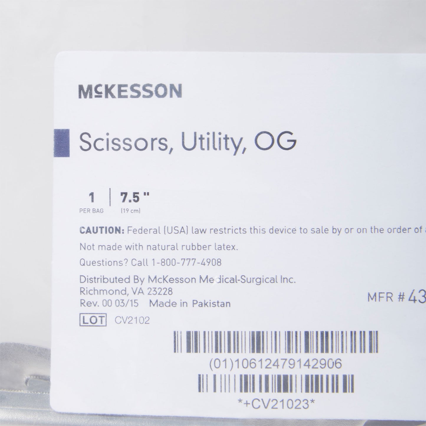 McKesson Utility Scissors 7-1/2 Inch Length Office Grade Stainless Steel Finger Ring Handle (487463_EA)