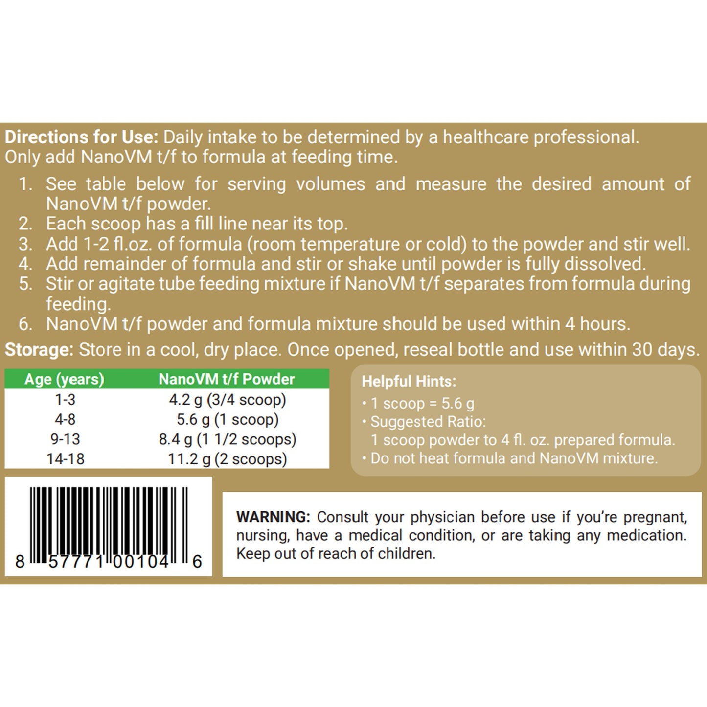 NanoVM® tf Pediatric Tube Feeding Formula Unflavored 275 Gram Jar Powder Vitamins / Minerals Food Allergies (971477_EA)