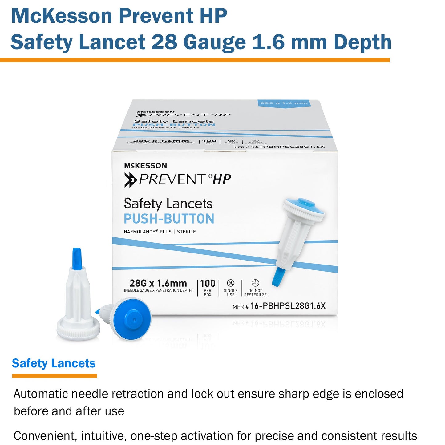 McKesson Prevent® HP Safety Lancet 28 Gauge Retractable Push Button Activation Finger (1217988_CS)