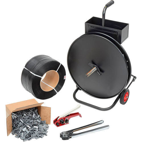 Global Industrial Strapping Kit w/ Tensioner, Crimper, Seals & Cart, 1/2"W x 9000'L Strapping (WB241112)