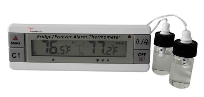 Cardinal Health™ Digital Refrigerator / Freezer Thermometer with Alarm Fahrenheit / Celsius -40° to +158°F (-40° to +70°C) 2 Bottle Probes Flip-out Stand / Wall Mount Battery Operated (1167533_EA)