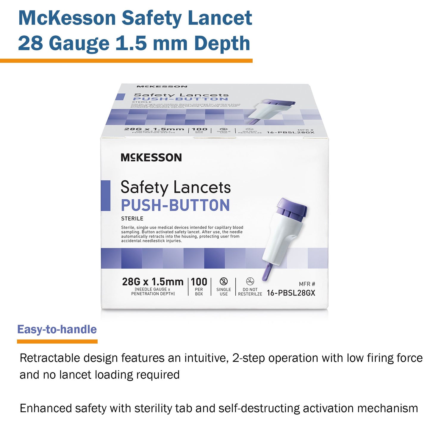 McKesson Safety Lancet 28 Gauge Retractable Push Button Activation Finger (1217991_BX)