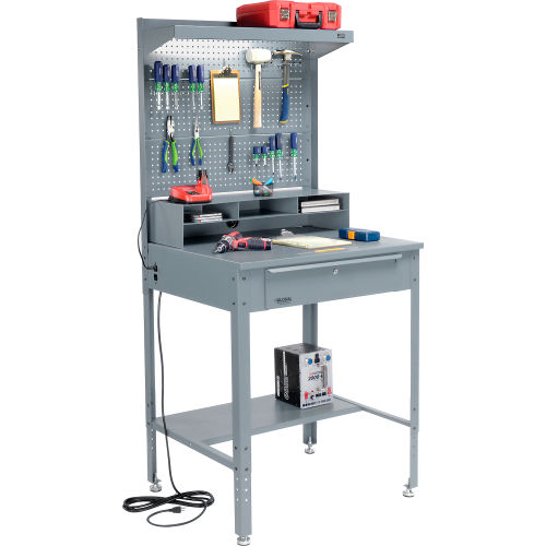 Global Industrial Flat Surfaced Shop Desk w/ Pegboard & Top Shelf, 34-1/2"W x 30"D, Gray (WB319416GY)