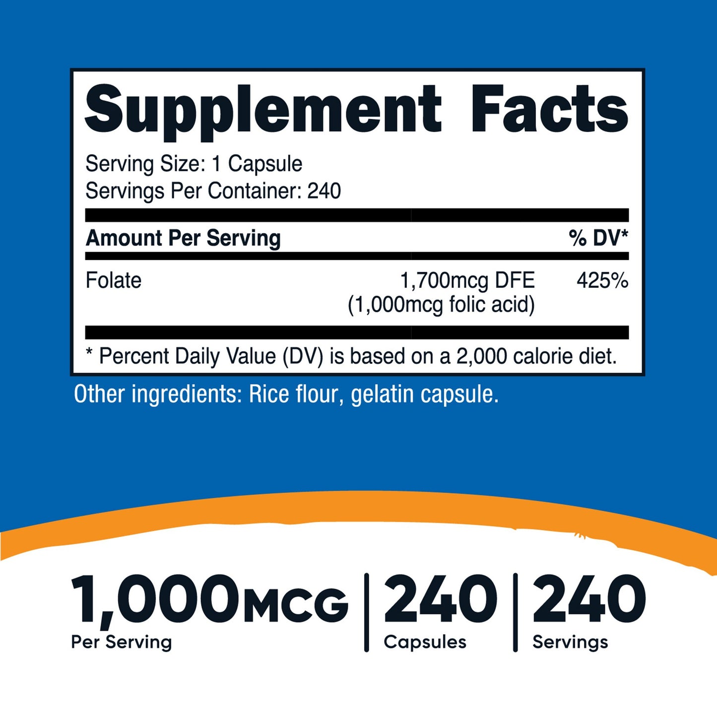 nutricost® Folic Acid (Vitamin B9) Dietary Supplement Folate 1,000 mcg Strength Capsule 240 Per Bottle (1270254_BT)