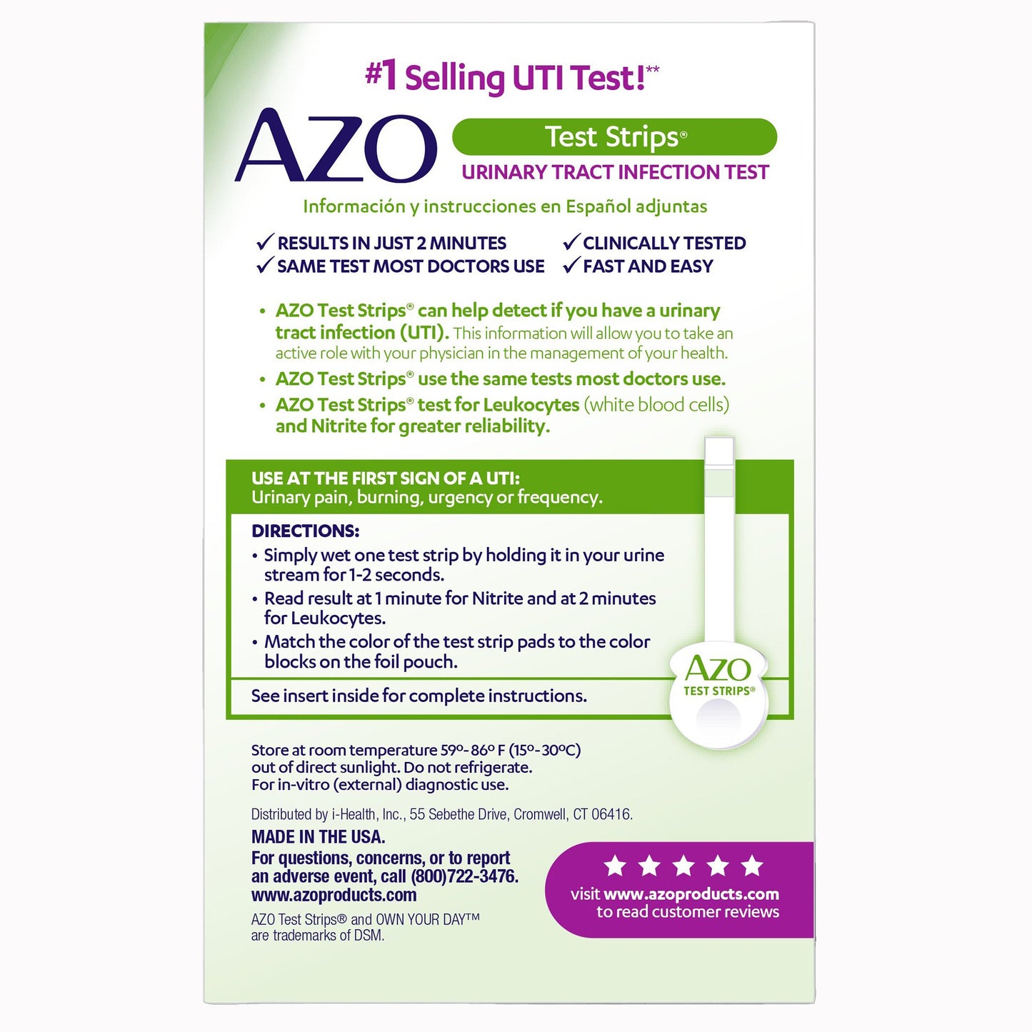 AZO Test Strips® Urinalysis Test Kit Urinary Tract Infection Detection 2 Tests CLIA Waived (1268937_BX)