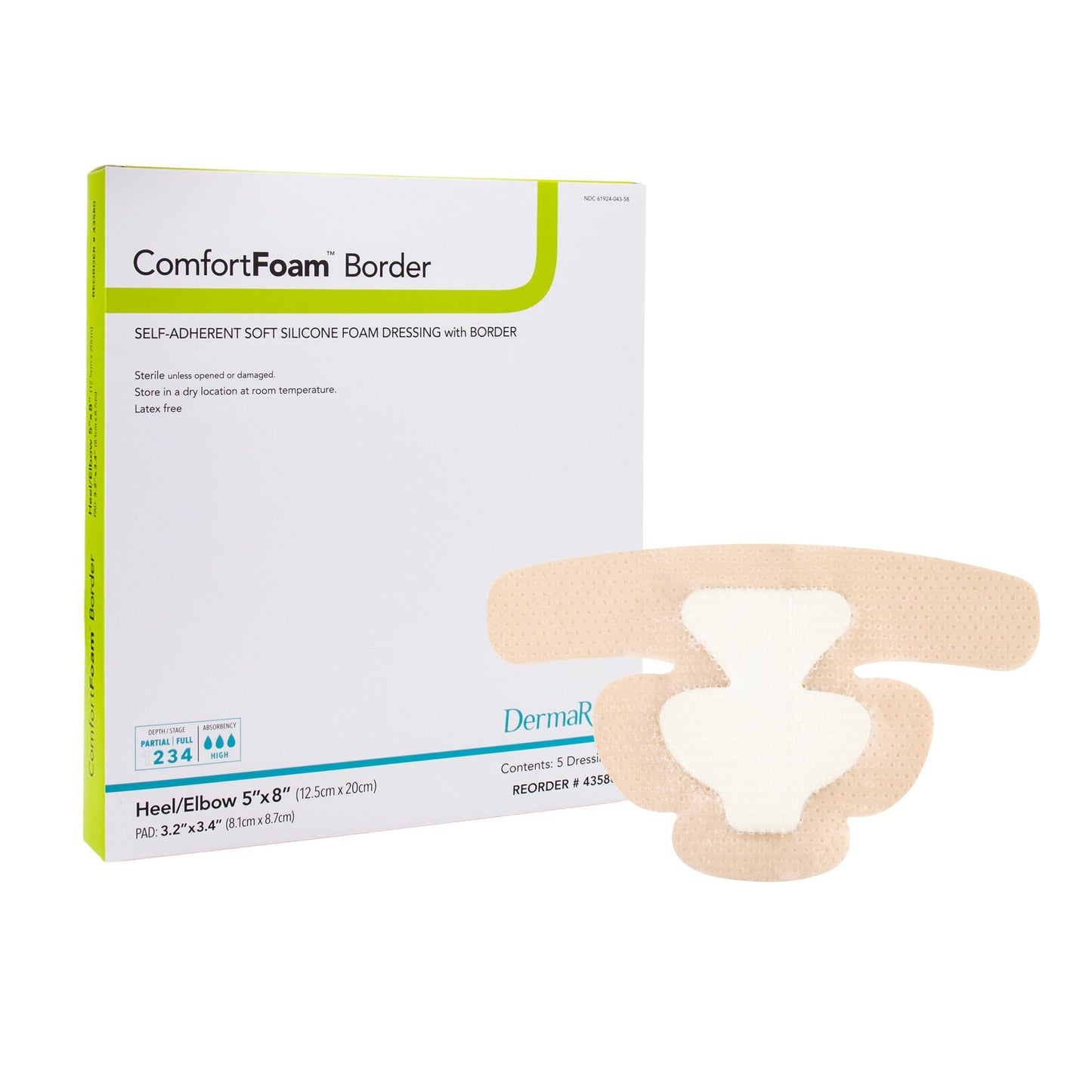 ComfortFoam™ Border Foam Dressing 5 X 8 Inch With Border Waterproof Backing Silicone Adhesive Elbow / Heel Sterile (946559_BX)