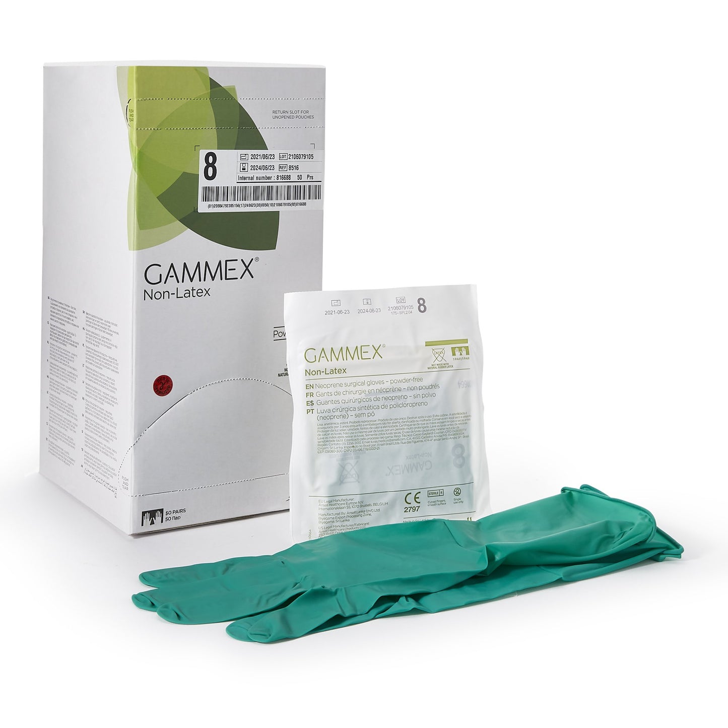 GAMMEX® Non-Latex Surgical Glove Size 8 Sterile Polyisoprene Standard Cuff Length Micro-Textured Green Chemo Tested (364347_BX)