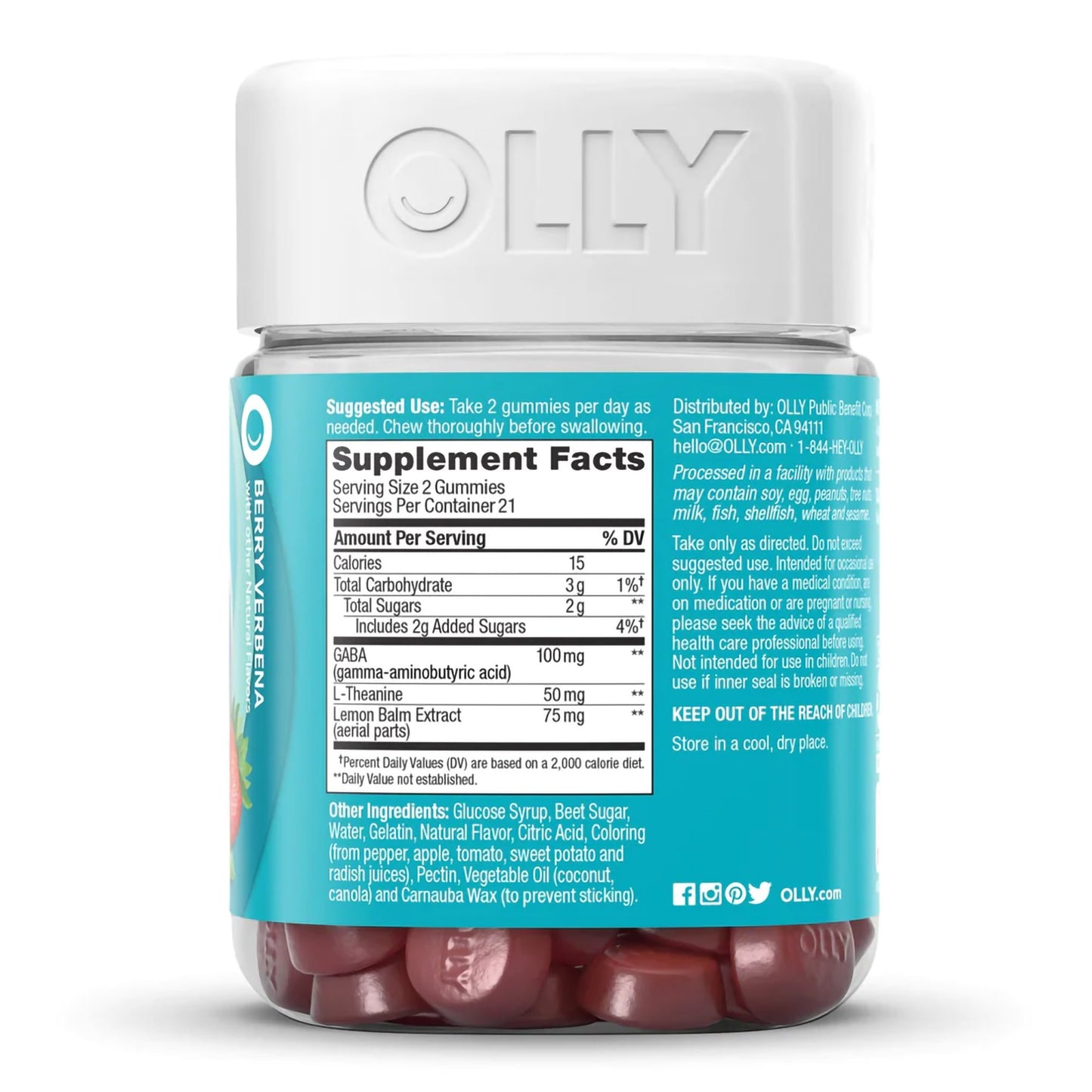 OLLY® Goodbye Stress® Dietary Supplement GABA / L-Theanine / Lemon Balm Extract 100 mg - 50 mg - 75 mg Strength Gummy 42 per Bottle Berry Verbena Flavor (1228393_BT)