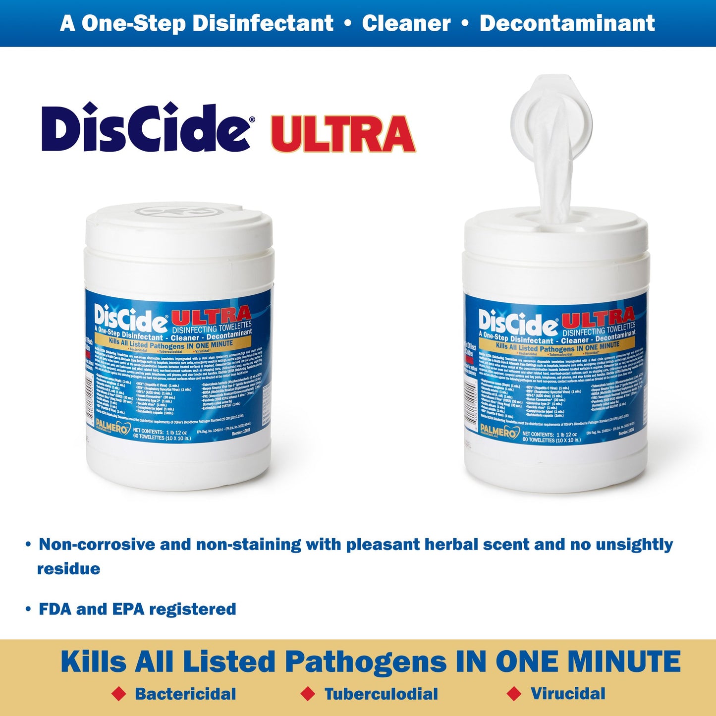 DisCide® Ultra Surface Disinfectant Cleaner Premoistened Quaternary Based Manual Pull Wipe 60 Count Canister Herbal Scent NonSterile (1159344_CN)